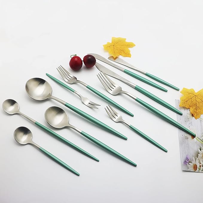 JASHII 6pcs Green&Silver Long Handle Spoon Set, Matte 304 Stainless Steel Mixing, Ice Cream Spoons, Modern Design, Dishwasher Safe - 7.87-inch