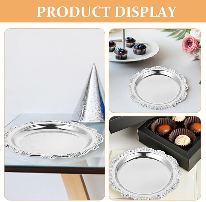 VILLCASE 2 Pack Small Silver Serving Tray, 5. 9 Inch Vintage Round Iron Display Plate for Desserts, Antique Style Decorative Jewelry Dish for Vanity, Wedding Centerpiece and Tea Party (Silver)