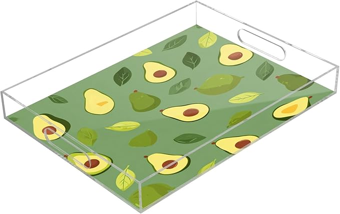 Serving Tray with Handles Clear Acrylic Tray 12x16 Inch Decorative Rectangular Tray Organizer for Ottoman Coffee Table Bathroom Green Avocado and Leaves