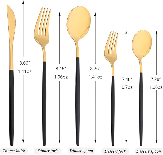 30-Piece Snplowum Mirror Flatware Serving Set, 18/0 Stainless Steel Dinnerware With Black Handle, Modern Durable Home Kitchen Eating Tableware Set Service For 6 (Black Gold)