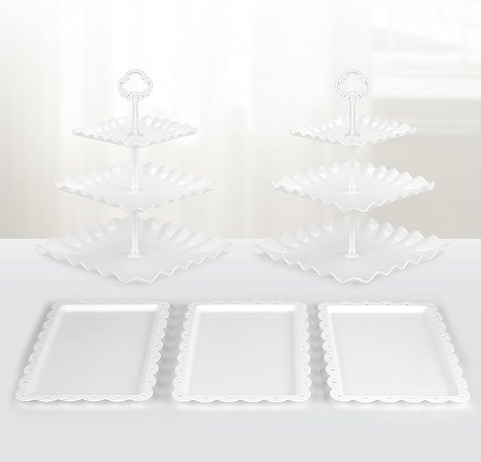 NWK 5 Piece Cake Stand Set with 2 x Large 3-Tier Cupcake Stands, 3 x Appetizer Trays, for Wedding Birthday Baby Shower Tea Party Decorations (White)