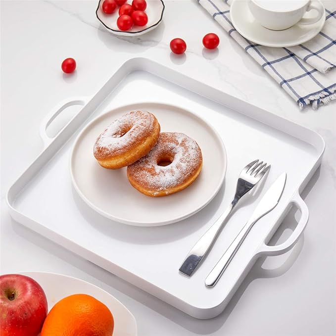 Square Serving Trays with Handles Melamine White 12.5x12.5 Inch Spill Proof Kitchen Eating Trays Set of 2 for Cafeteria Cafe Food Appeizer Dessert Snack Dinner Lunch Breakfast,TR14-02