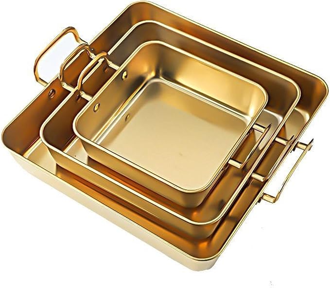 Generic Snack Tray Fries Plate with Handles Square Stainless Steel Serving Tray Baking Tray for Meat Roasting Turkey Roasting Chicken, Silver, 25x25cm