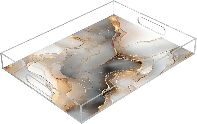 Rectangle Acrylic Tray Marble Gold Silver Acrylic Serving Trays with Handles 12x16 inches Clear Trays for Serving Food Spill-Proof
