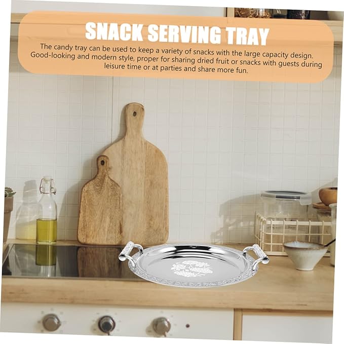 Luxshiny European Style Fruit Serving Tray Stainless Steel Snack Storage Holder Decorative Silver Pattern Snack Plate for Desserts Dry Fruits and Outdoor Picnic Use