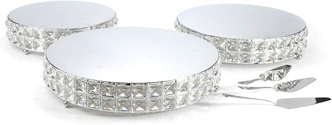 3 Pack Shiny Crystals Cake Stands with Spatula Metal Decorative Cupcake Holder Round Dessert Display Stand for Wedding Birthday Anniversary & Party (Silver, 10" | 12" | 13")