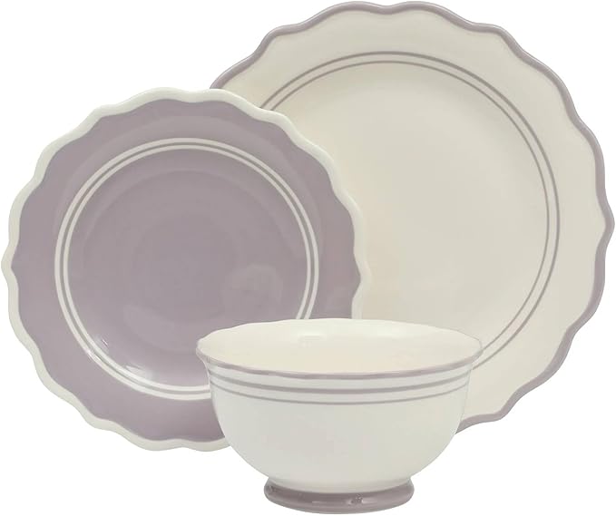 12-Piece Ceramic Dinnerware Set – 4 Dinner Plates, 4 Salad Plates, 4 Bowls, Purple and White Modern Tableware, Dishwasher & Microwave Safe (Iris)