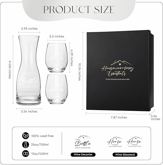 AW BRIDAL House Warming Gifts New Home Wine Glasses and Decanter Set, 2025 Closing Gifts for Home Buyers and Homeowner, New Apartment Gift Basket for Women Friend, First House Gift for Couple Newlywed