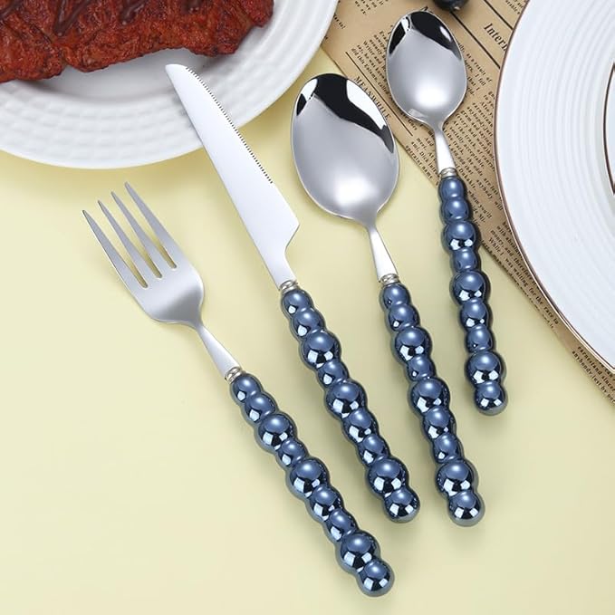 Silverware Flatware Cutlery Set, 4/16/24/32 Pieces 304 Stainless Steel Knives, Forks And Spoons, Creative Pearl Ceramic Handle Tableware, Steak Knives, Forks, Dessert Spoons(Purple,4Set-16Pc