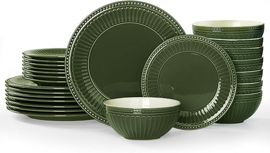 Famiware Garden Plates and Bowls Set, 24-Piece Dishes Set for 8, Scratch Resistant Kitchen Dishes Dinnerware Set - Microwave and Dishwasher Safe, Reactive Glaze and Embossed Stoneware, Dark Green