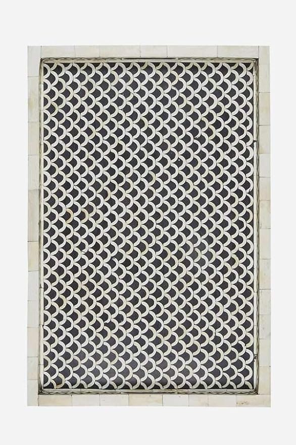 Hansa Handmade Bone Inlay Serving Tray Rectangle Tray Geometrical Pattern Decorative Platter Large Tray for Ottoman Coffee Table
