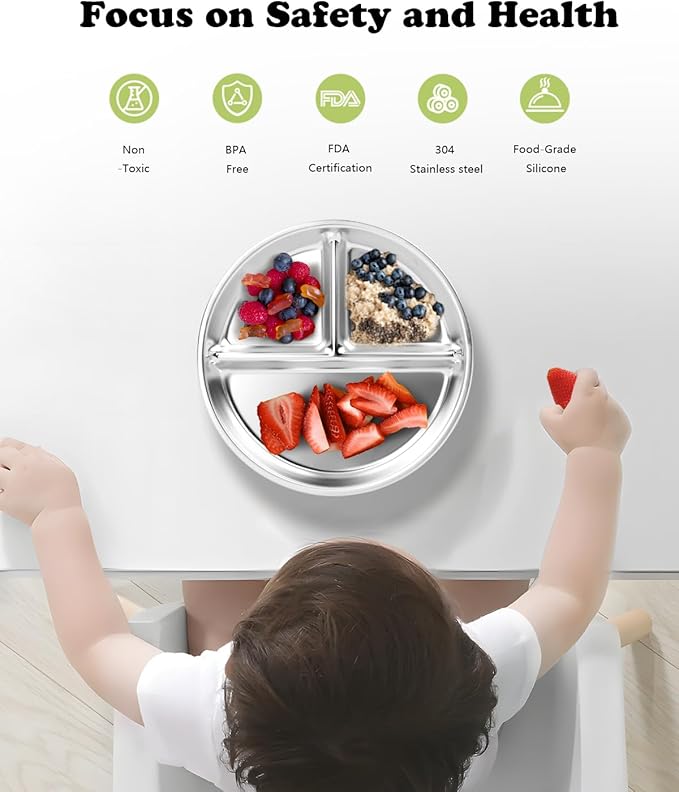 Stainless Steel Kids Plates 6 Packs, 8" Divided Toddlers Portion Control Plate, Non Toxic & BPA Free |Unbreakable |Dishwasher Safe Baby Snack Dish for Daycare, Restaurant Outings & Travel