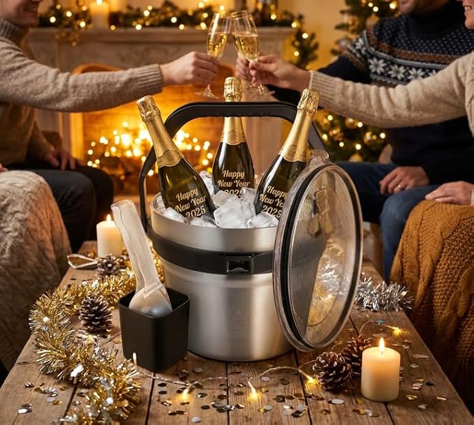 Insulated Ice Bucket with Lid & Scoop-XL Double-Walled, bar Essentials for Entertaining, Holiday Party, Stainless Steel Wine Chiller, Beverage Tub with Handle, Bottle Opener, Great Gift(Steel Black)