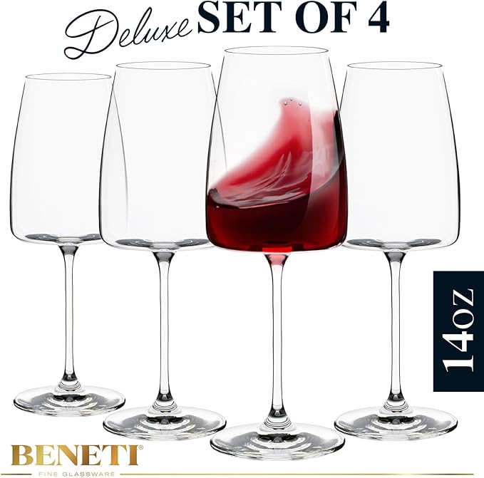 BENETI Luxury Wine Glasses Set of 4 | Handmade In Europe | 14oz Premium Crystal Red & White Long Stem Wine Glasses | Unique Modern Shape, Packaged In Beautiful Ready-to Gift, Gift Box