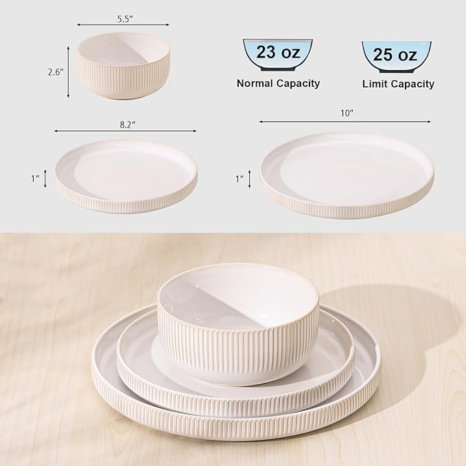 Frewinky Ceramic Dinnerware Sets for 8, Round Reactive Glaze Porcelain Plates and Bowls Sets, Scratch Resistant Modern Dishes Set, Dishwasher & Microwave Safe, Service for 8-White