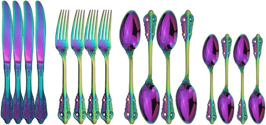 Iridescent Rainbow Colorful 304 Stainless Steel Multicolor Flatware Set, Silverware Set,Include Knife/Fork/Spoon,Dishwasher Safe (16pcs luxury rainbow)