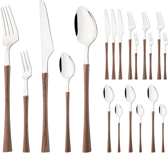 20-piece Stainless Steel Flatware Set with Wooden Handle, Wood Silverware Set for 4, Mirror, Dishwasher Safe, for Home Kitchen Travel - Small Waist Handle Silver