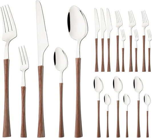 20-piece Stainless Steel Flatware Set with Wooden Handle, Wood Silverware Set for 4, Mirror, Dishwasher Safe, for Home Kitchen Travel - Small Waist Handle Silver