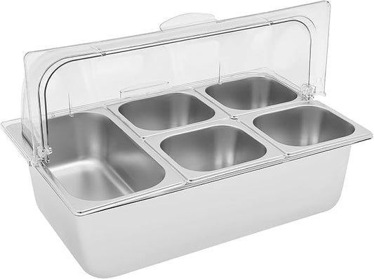 5 Pans Ice Food Serving Display Container w/Clear Roll Top Cover, Stainless Steel Serving Tray Catering Supplies Buffet Display Condiment Dispenser Plate Case for Restaurant Hotel Kitchen