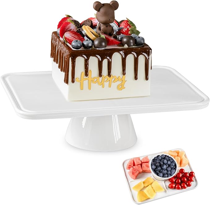 Cake Stand, 13 Inch Rectangular Ceramic Cake Stands for Party, Elegant Wedding Cake Plate for Dessert Table, Dessert and Cupcake Stand for Birthday Party and Baby Shower, White