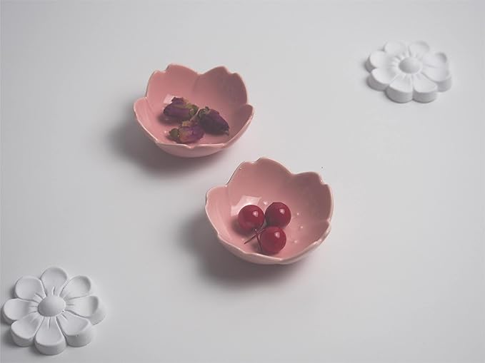 Sakura Flower Dessert Salad Snack Fruit Plates Ceramic Seasoning Dishes Small Sauce Dipping Bowls Appetizer Plates for Kitchen Home (Set of 4, Pink)