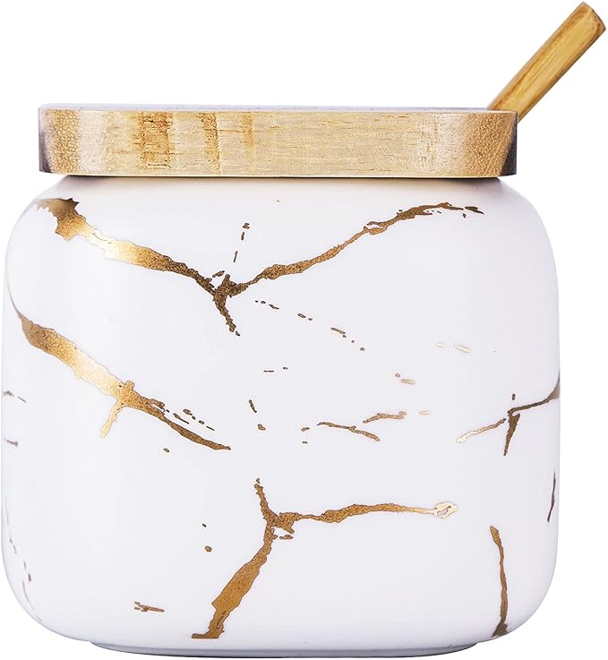 VanEnjoy Decorative Marble Pattern Ceramic Sugar Spice Containers Porcelain Jar with Bamboo Lid and Spoon Condiment Jar for Home