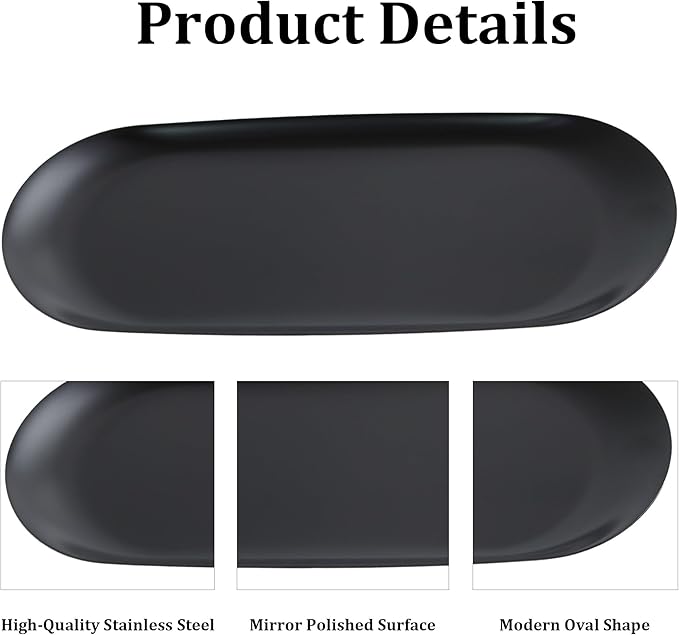 2Pcs 9x4inch Stainless Steel Decorative Trays, Oval Jewelry Dish Cosmetics Organizer, Black Serving Platter for Bathroom Vanity Dresser Storage