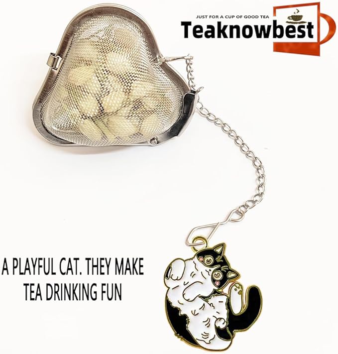 Tea infusers, loose tea strainer, Heart shaped tea ball + cute animal pendant, reusable tea steeper makes afternoon tea meaningful (2, cute cat)