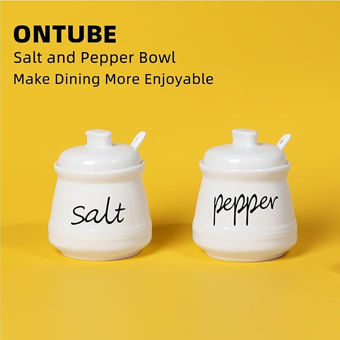 ONTUBE Ceramic Salt and Pepper Bowls with Lid and Spoon 12oz (White)