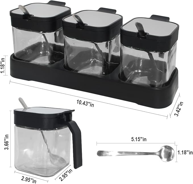 Glass Condiment Spice Jars,5.6Oz/255 ml Condiment Jar Spice Container with Lids and Spoons and Tray,Clear Glass Condiment Canisters Pots for Salt Pepper,Seasoning Box 3 Set for Kitchen Counter