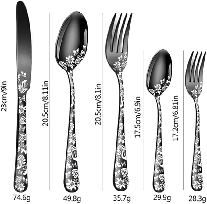 XIAOYU 5 Pieces Silverware Set, Black Flatware Set, Stainless Steel Mirror Polished Cutlery Set, Spoons Forks Knives Set with Unique Floral Laser, Black