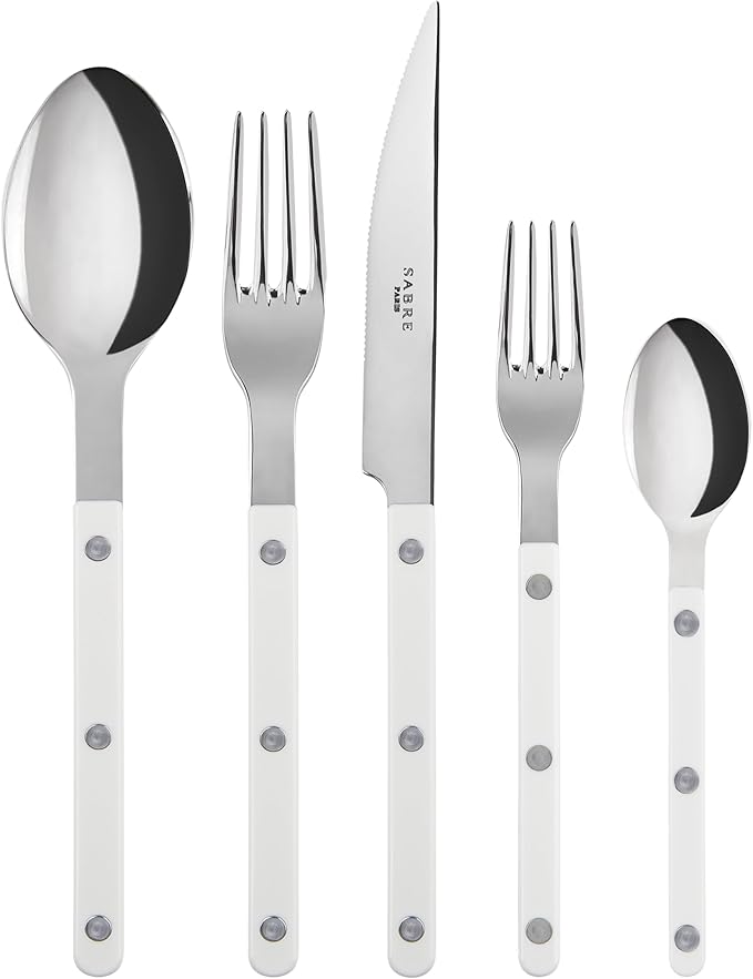 SABRE PARIS - 5-Piece Flatware Set - Bistrot Collection - Knife, Fork, Soup Spoon, Teaspoon & Dessert Fork - Stainless Steel & Nylon - Dishwasher Safe - White - Brilliant Finish