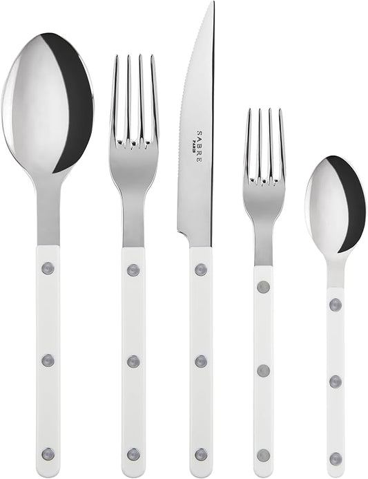 SABRE PARIS - 5-Piece Flatware Set - Bistrot Collection - Knife, Fork, Soup Spoon, Teaspoon & Dessert Fork - Stainless Steel & Nylon - Dishwasher Safe - White - Brilliant Finish