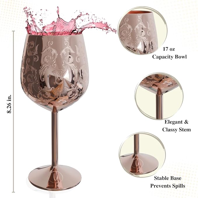 17oz Stainless Steel Wine Glasses | Gift for Mother's Day [Set of 2]–Rose Gold Royal Goblets with Intricate Baroque Engravings, Unbreakable and Shatterproof Wine Cups with Bottle Stopper