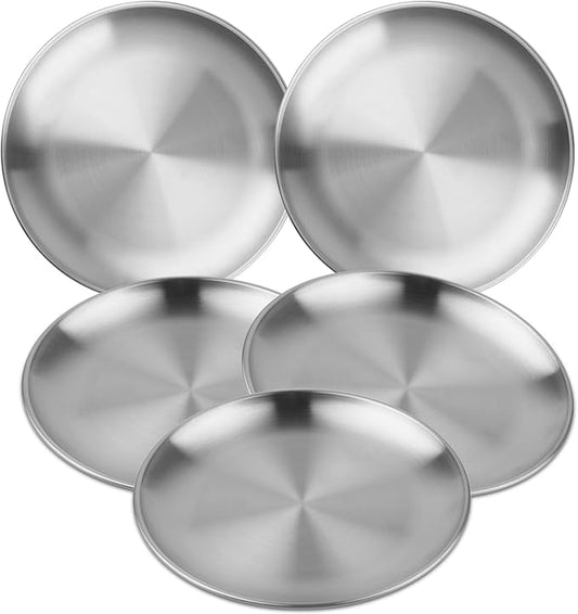 MOUYAT 5 PCS Stainless Steel Plate Set, 13 Inch Round Metal Dinner Plates, Heavy Duty Round Salad Plates Reusable Metal Dinner Dish for Serving Camping Outdoor BBQ Home Kitchen, Polished silver