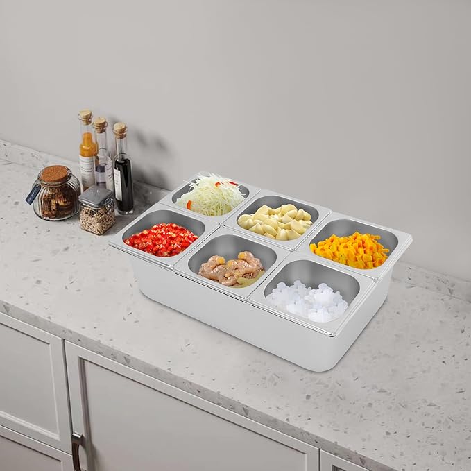 6 Pans Ice Food Serving Display Container, Stainless Steel Serving Tray Catering Supplies Buffet Display Condiment Dispenser Plate Case with Acrylic Replaceable Lids for Restaurant Hotel Kitchen