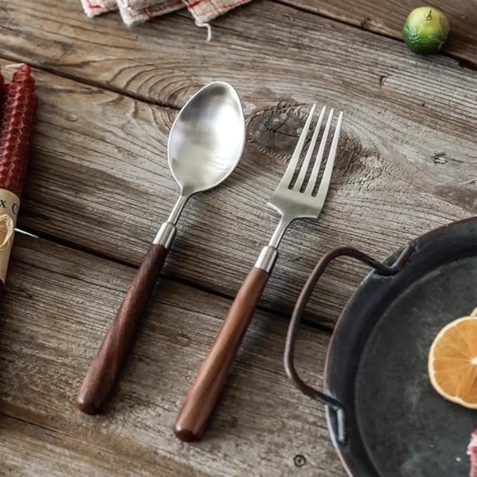 Walnut Wooden Silverware Set Flatware Set for 6 Exquisite Ergonomic Wood Handle Utensil Sets 18 10 Stainless Steel Cutlery Sets Include Fork Knife Spoon Matte Tableware,Dishwasher Safe