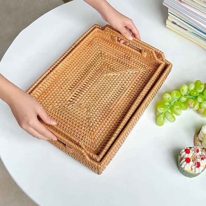 Rattan Serving Tray with Handles, Rectangular Wicker Basket Tray, Hand Woven Flat Basket for Coffee Table Dinning Room Bathroom (17 x 11.4 x 1.8 inch)