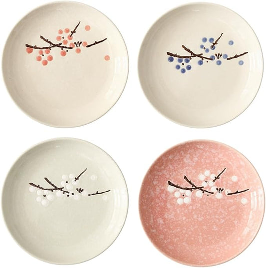 6 inch Small Appetizer plates for Kitchen,Set of 4 Japanese Dinner Plates Serving Dishes for Snack,Dessert,Side DIshes,Pie,Cake,Salad,Microwave Dishwasher Safe(pink lightgreen off-white)