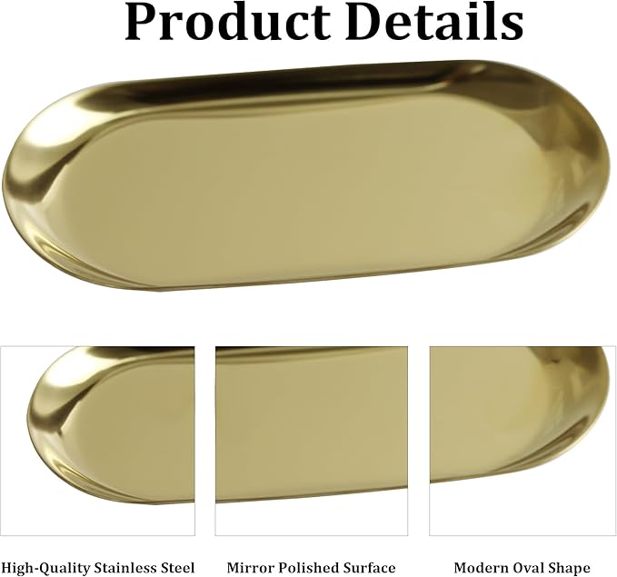 2Pcs 7x3.3inch Stainless Steel Decorative Trays, Oval Jewelry Dish Cosmetics Organizer, Gold Serving Platter for Bathroom Vanity Dresser Storage