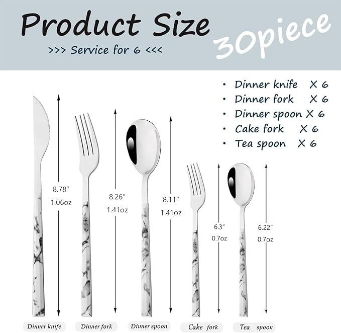 30pcs Marble Handle Flatware Set, Stainless Steel Cutlery Set Include Knife/Fork/Spoons, Mirror Polish, Service for 6 (White Silver)