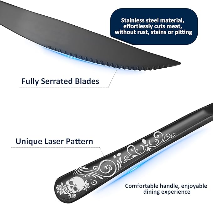Skull Ultra Sharp 2-IN-1 Serrated Knives, Chef Knife Set Serrated Knives of 12 - Professional Design Collection - 18/0 Stainless Sharp Dinner Knives Unique Skull Pattern Design