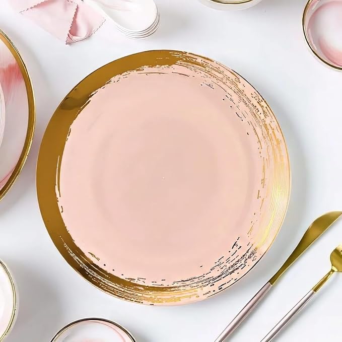 SILVER SPOONS Gold Brush Stroke Rimmed Plastic Dinner Plates for Party (10 PC) Heavy Duty Disposable Dinner Set 10.25", Fine China Look Dishes for Baby Showers, Celebrations & Events - Blush