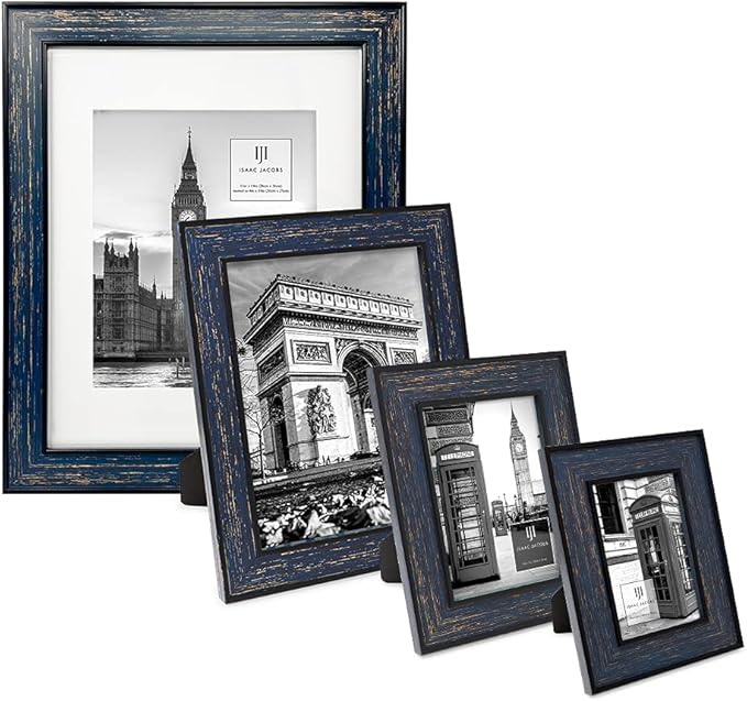 Isaac Jacobs 8x10 Navy w/Gold (Vertical & Horizontal) Double Border Picture Frame w/Black Fabric Easel, Wall-Mountable, Made for Tabletop & Gallery, Home or Office (8x10, Navy W/Gold)