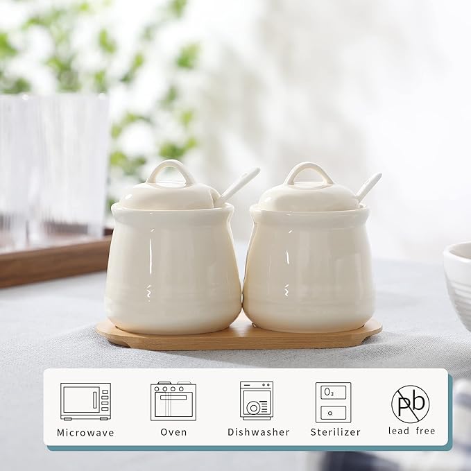HAOTOP Ceramic Sugar Bowl 2 Pack, PorcelainJar with Tray, Spoon and Lid for Sugar, Pepper, Coffee, Spice, Salt, 12 Ounces (Beige)