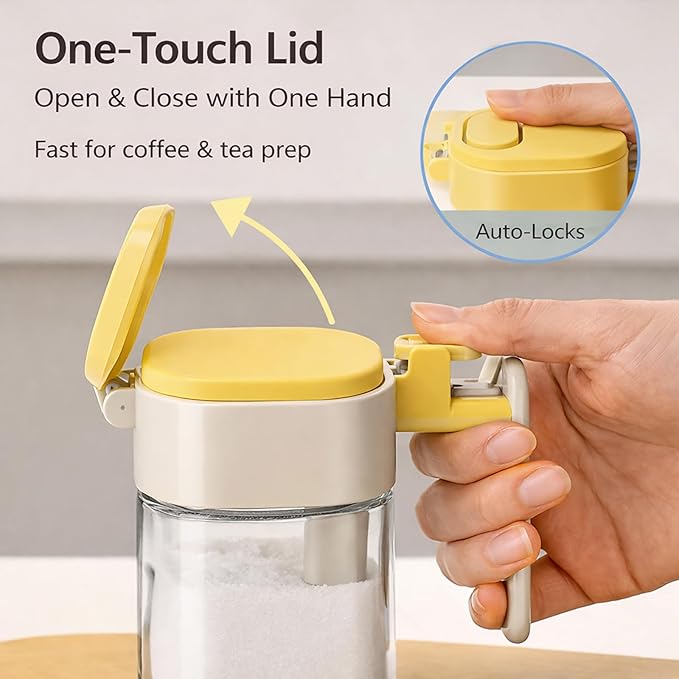Sugar Cube Container with Tongs, 400ml Airtight Sugar Bowl with One-Touch Lid & Spoon Storage, Hygienic Utensil Compartment Jar for Coffee Bar Sugar Cubes or Powder (1, Beige)
