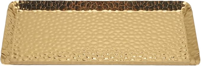 Metallic Towel Serving Tray Hammered Stainless Steel Dishwasher Safe Plate for Home Restaurant 25x11cm (Gold)