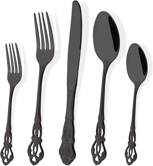 Black Flatware Set For 4, 20 Pieces 18/0 Stainless Steel Silverware Set, Cutlery Utensils Set Include Knives/Forks/Spoons, Antique Baroque Style & Luxury Mirror Polished