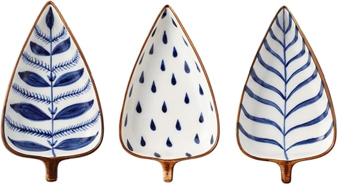 Creative Japanese Style Hand-painted Ceramic Appetizer Plates Set of 3 with Leaf, Water Grass, and Raindrop Designs – Small Serving Dishes for Sauces, Nuts, and Fruit Random Color