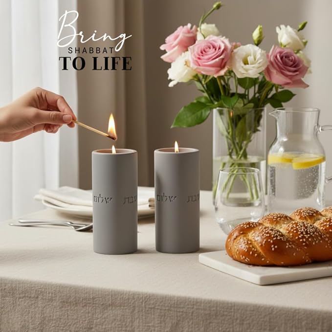 SURI Shabbat Candle Holders Set – Modern Judaica Gift for Shabbos & Jewish Holidays – Concrete Dripless Candle Holders for Tea Lights, Short & Tall – Minimalist Jewish Home Decor
